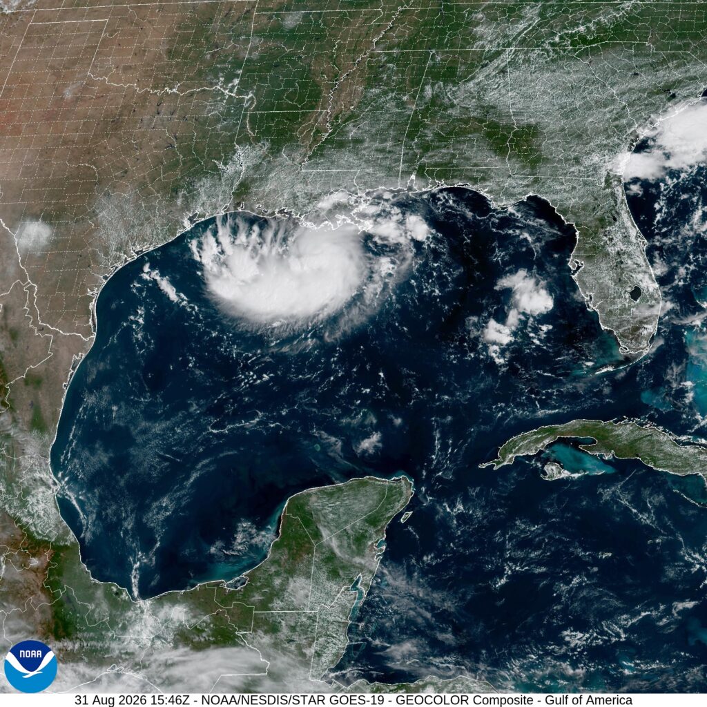 NOAA GOES-19 GeoColor — Gulf tropical disturbance