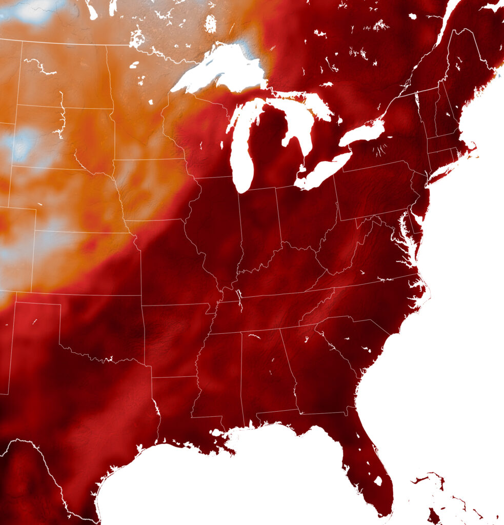 Modeled air temperatures over the Midwest and East during the June 19, 2024 heat dome. NASA Earth Observatory / Lauren Dauphin. Public domain.