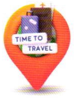 여행 가방과 TIME TO TRAVEL 문구가 있는 여행 준비 삽화